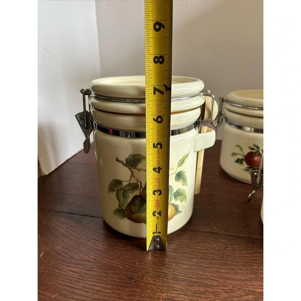 Vintage Ceramic Food Canister Set Pears Apples Grapes‎ With Wooden Spoons